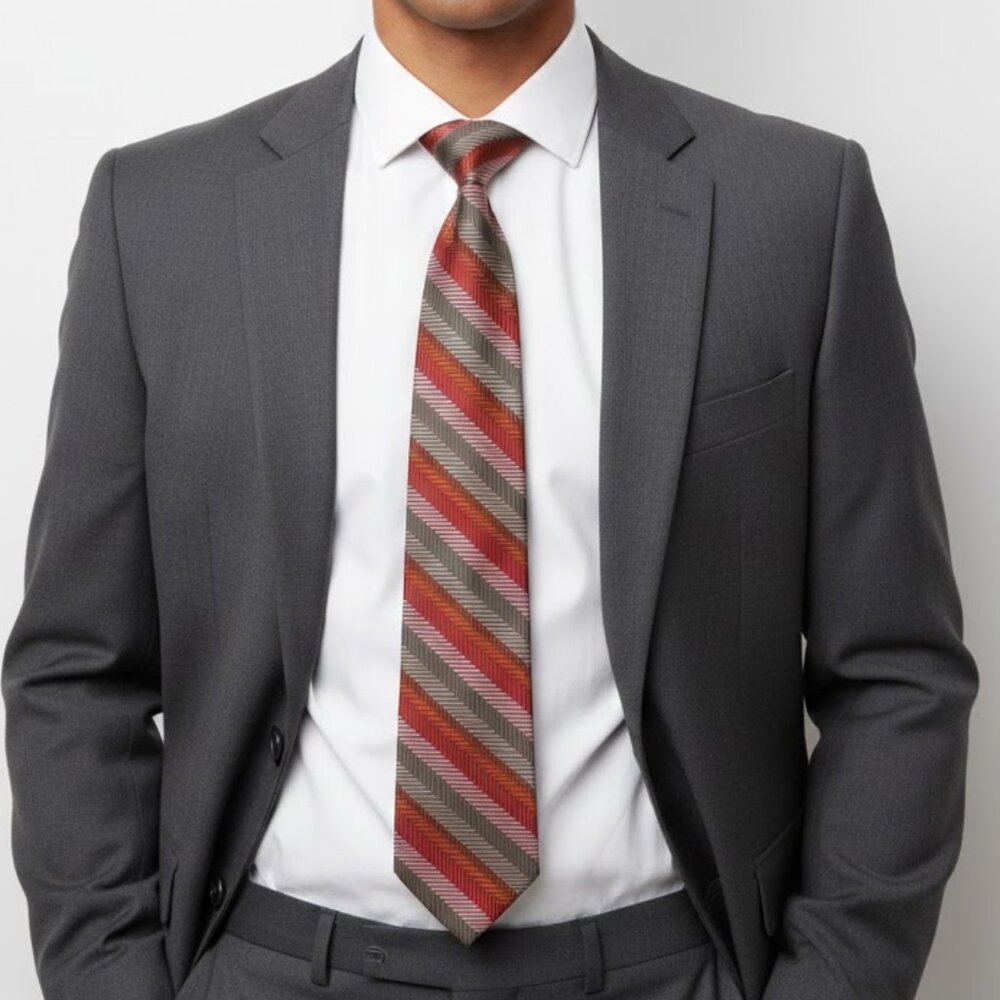 BCBG Attitude 100% Silk Tie Red Pink Grey Chevron Herringbone Hand Sewn